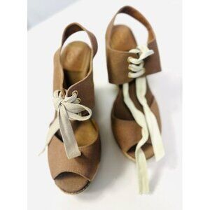 Tory Burch Brown Canvas Espadrille Wedge Sandals With Ivory Lace-Up Detail Women